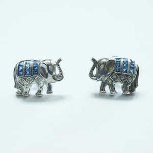 Vintage Elefant Thema 925 Sterling Silber 1.15ct Quadratische Saphire & CZ Fancy Ohrstecker