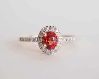 14K Gold Orange Sapphire & Diamond Engagement Ring - September Birthstone