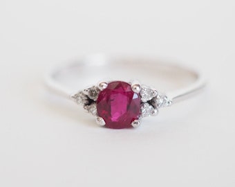 18K White Gold Ruby Ring: Vintage Diamond Accent Solitaire