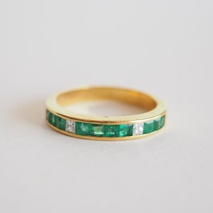 18K Solid Yellow Gold Vintage Band Ring, Genuine Colombian Emeralds & Natural Brilliant Diamonds, Lovely Gift, May Stone, Unisex