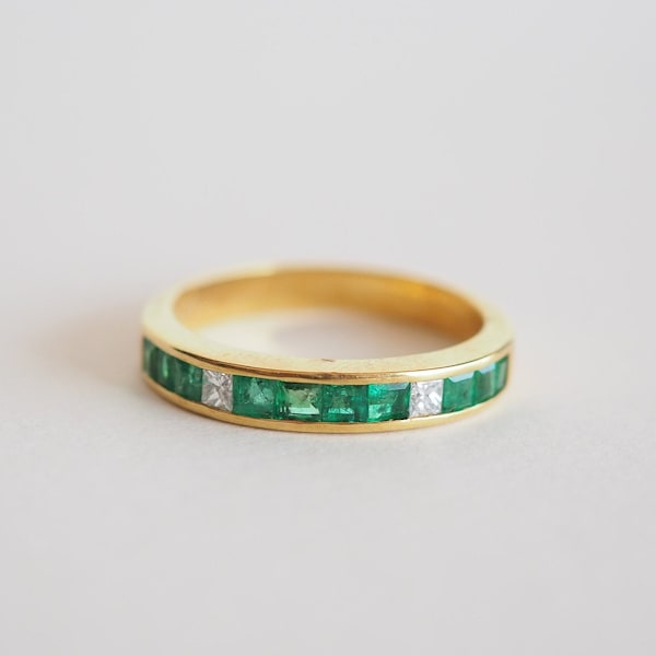 18K Solid Yellow Gold Vintage Band Ring, Genuine Colombian Emeralds & Natural Brilliant Diamonds, Lovely Gift, May Stone, Unisex