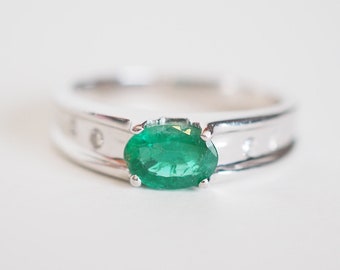 18K Solid White Gold Solitaire Vintage Fine Statement Fashion Ring, Natural Oval Colombian Emerald & 4 Brilliant Natural Diamonds, May