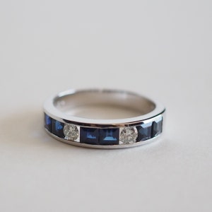 Vintage 18K White Gold Band Ring: Sapphire & Diamond September Birthstone