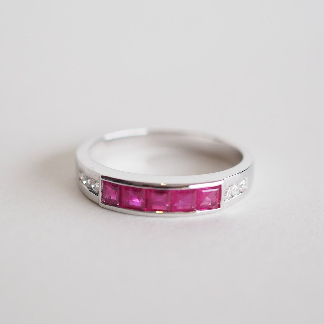 18K Solid White Gold Vintage Ruby & Diamond Band Ring Genuine - Etsy