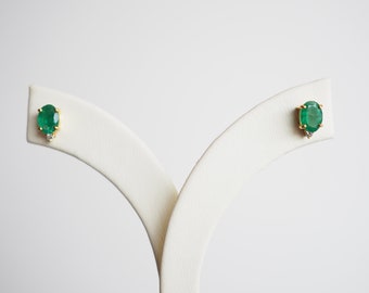 Vintage 18K Solid Yellow Gold Natural Oval Emeralds & Round Diamonds Gorgeous Little Stud Earrings, May Birthstone