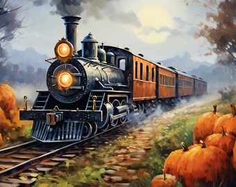 American Train Spooky Halloween con calabazas Descarga digital Color de agua - 4K Ultra High Def