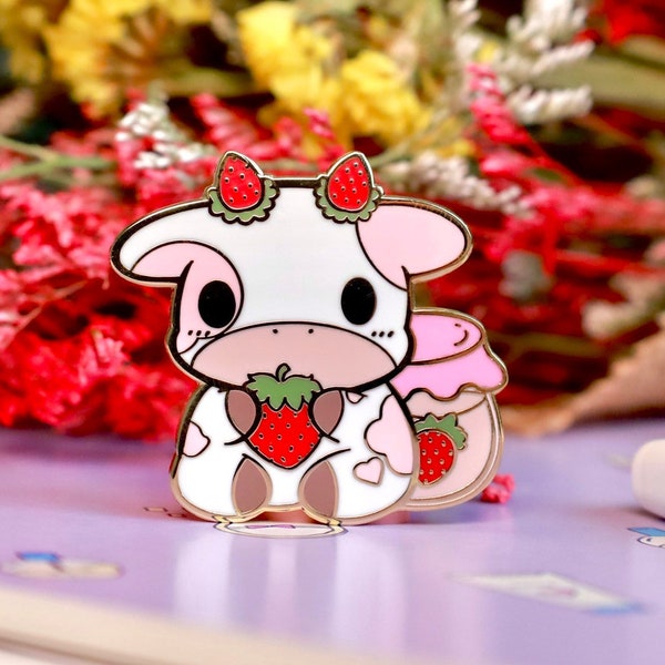 Strawberry Cow and Frog Enamel Pins