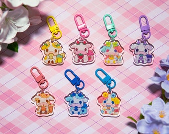 Cow Keychains, Cute keychains, Strawberry cow, boba cow, blueberry cow, lemon cow, cute cow keychains, grape cow, kawaii keychains