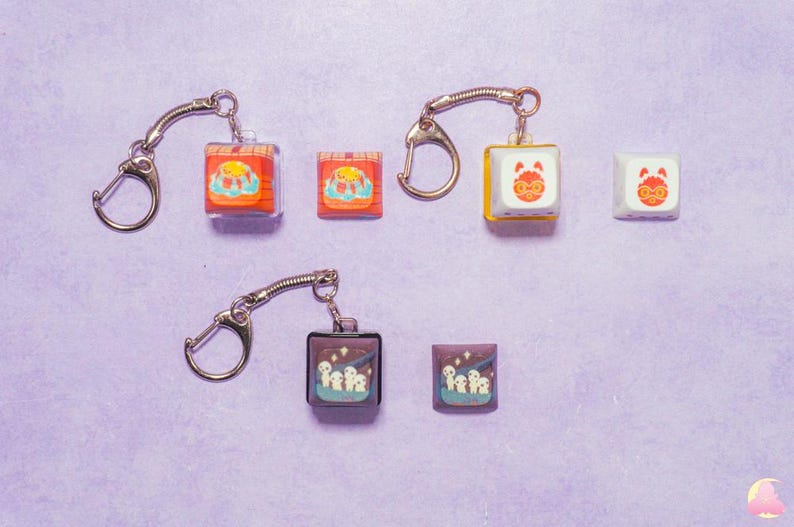 May include: Five keychains with different designs. Each keychain features a small square charm with a colorful image. The charms are attached to silver key rings.