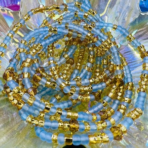 Handmade crystal gold and baby blue waist beads, Sparkly permanent tie on waistbeads, For weight loss and goal setting, Fast shipping