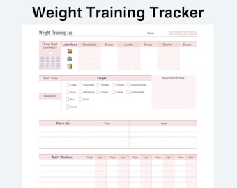 Modello di allenamento quotidiano con i pesi, pianificatore di allenamento quotidiano con registro mangia-bevi-sonno, PDF stampabile con download istantaneo