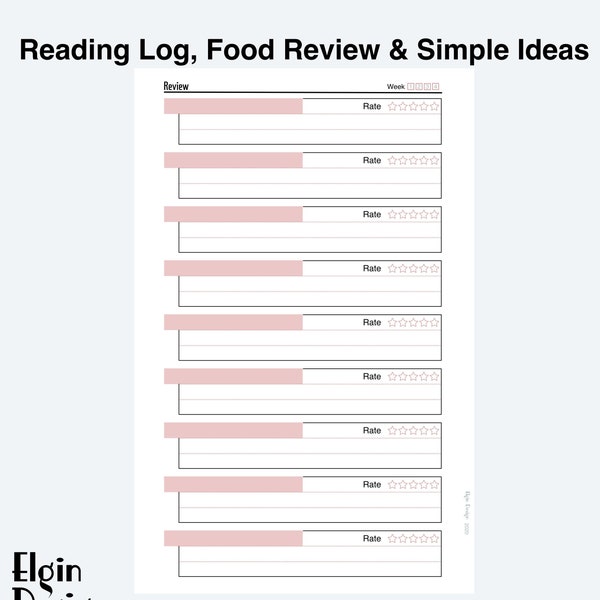 Reading Log, Food Review, Item Rating, Simple Ideas Printable, A4, A5, Letter, Half Letter PDF