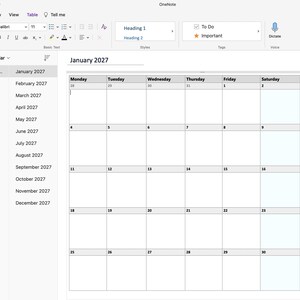 May include: A digital monthly calendar interface for January 2027 displayed within OneNote software. The layout features a grid with columns for Monday through Sunday, listing dates from 28 to 31 and 1 to 31. A sidebar shows a list of months from January to December 2027.