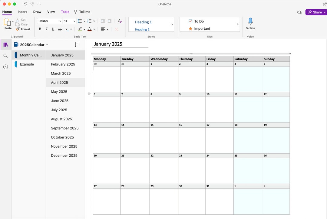 Editable Onenote 2025 Calendar, Monthly Planner, Digital Planner, Instant Download Etsy