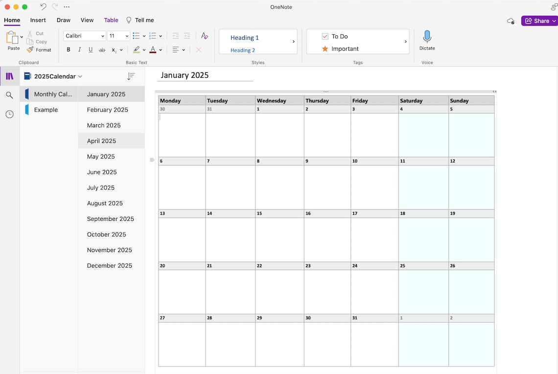 Editable Onenote 2025 Calendar, Monthly Planner, Digital Planner