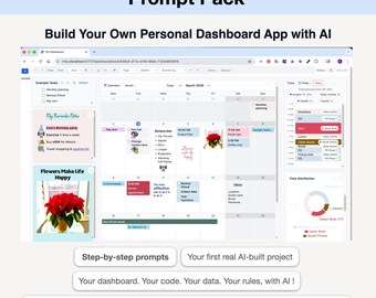 Pacchetto di suggerimenti AI per dashboard personale / Crea la tua app per la produttività (prodotto digitale)