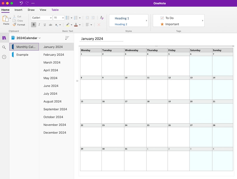 Editable Onenote 2024 Calendar, Monthly Planner, Digital Planner