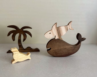 Créatures marines en bois, jouets océaniques faits à la main personnalisés, requin en bois, poisson, cadeau pour tout-petits, premier anniversaire, décor de pépinière, jouet Montessori en bois