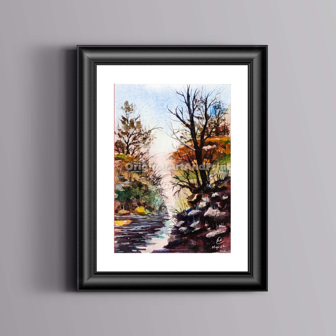 5x7 Inch Original Watercolor Painting, Forest Scene Sketch, Rustic