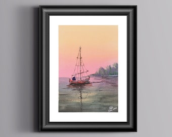 5x7 inch Original Watercolor Lake Painting, One of a Kind Whimsical Landscape Wall Art, Small Sail Boat Drawing, Unique River Scenic Sketch