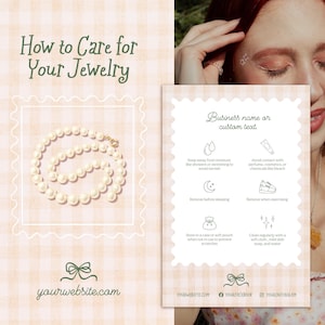 Può includere: Una scheda di istruzioni per la cura dei gioielli con un'illustrazione di una collana di perle, il testo How to Care for Your Jewelry e icone con istruzioni per evitare umidità, sostanze chimiche ed esercizio fisico, consigliando di riporre in un sacchetto.