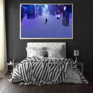 May include: A framed art print depicts a figure in a red suit floating in front of a cityscape with inverted buildings. The artwork is displayed above a bed with a white headboard, patterned pillows, and a striped blanket. A side table and lamp are visible.