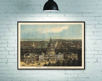 Washington, DC Vintage Kaart uit 1871 - Oude Stadskaart Art Print van Washington, DC Wanddecoratie Home Decoration Art Poster Frameless