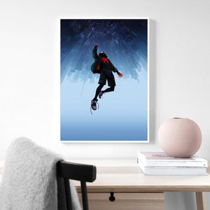 May include: A digital art print featuring a stylized illustration of a superhero in a red and black suit, with a green jacket, jumping in front of a city skyline.