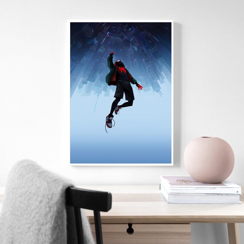 May include: A digital art print featuring a stylized illustration of a superhero in a red and black suit, with a green jacket, jumping in front of a city skyline.
