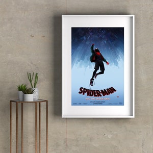 May include: A poster for the movie Spider-Man: Into the Spider-Verse. The poster features a red and black Spider-Man character in a superhero pose, against a backdrop of a city skyline and a starry night sky. The text "Spider-Man: Into the Spider-Verse" is displayed in white letters on a blue background.