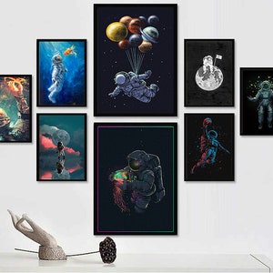 Astronauta de dibujos animados en el espacio póster creativo Decoración de pared Decoración del hogar Póster de arte Estilo simple Lienzo Pintura sin marco
