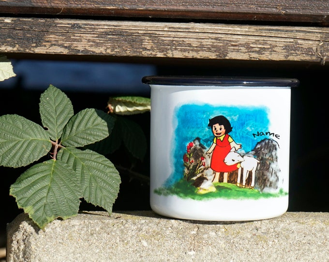 Heidi, Girl of the Alps | Emaille Tasse | Kinder Tasse | Campingbecher | Geburtstagsgeschenk | Optional Personalisierung / Stoffbeutel