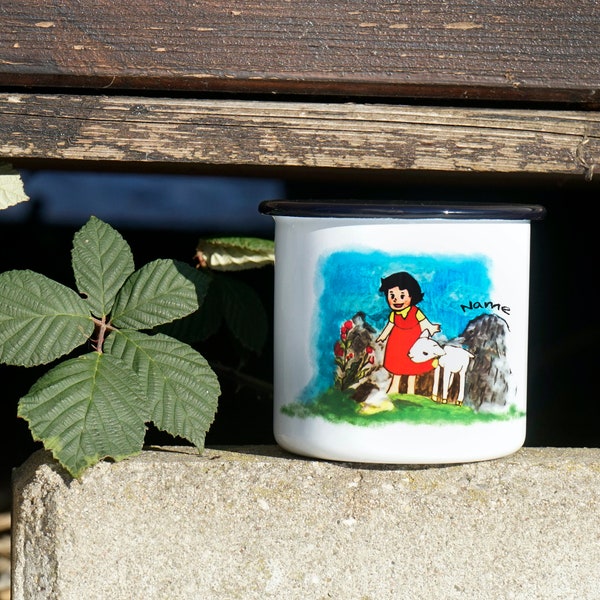 Heidi, Girl of the Alps | Emaille Tasse | Kinder Tasse | Campingbecher | Geburtstagsgeschenk | Optional Personalisierung / Stoffbeutel