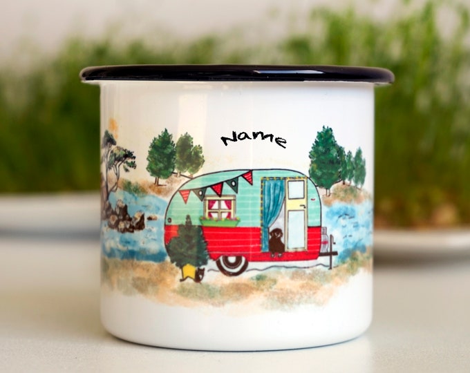 Camping Emaille Tasse Wohnwagen Personalisiert