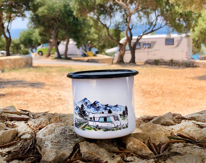 Camping Emaille Tasse Wohnwagen Personalisiert