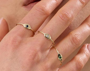 Tiny Evil Eye Gold Ring with Gemstone : Gemstone Protection Jewelry Solid 10K 14K 18K