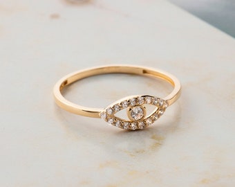 14K Solid Gold Evil Eye Ring, Dainty Evil Eye Ring, Stackable Gold Ring, Lucky Ring, Minimalist Ring, Gift for Her