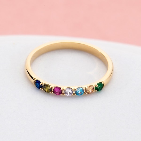 Solid Gold Birthstone Ring, Personalized Birthstone Ring, Dainty Birthstone Band, Custom Gifts For Mothers, Mother's Day Gift