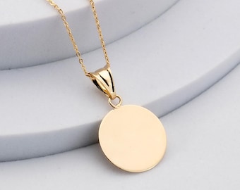 14K Solid Gold Engraved Disc Necklace: Personalized Double-Sided Charm