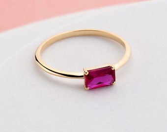 14K massief gouden robijnrode ring, robijnrode art-decoring, robijnrode stenen ring, sierlijke robijnrode ring, cadeau voor haar, handgemaakte sieraden, geboortesteenring