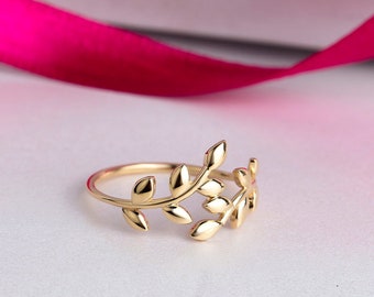 14K Solid Gold Leaf Ring, Designer Leaf Ring, Unique Leaf Ring, Dainty Band Ring, Sisters Gift,Mother's Day Gift