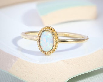 14K Gold Opal Ring - Vintage Natural Opal Ring - Engagement Promise Ring - October Birthstone - Elegant Anniversary Birthday Gift For Her