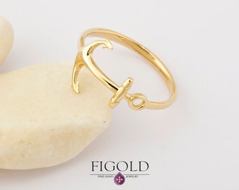 14K Solid Gold Anchor Ring, Handmade Dainty Jewelry