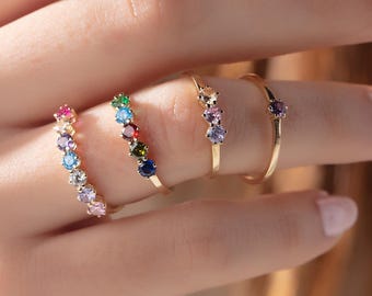 Dainty Gold Family Birthstone Ring, Personalized Mother's Ring