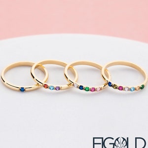 Solid Gold Minimalist Family Birthstone Ring, Gemstone Ring in Unique Jewelry, Birthstone Ring, Stacking Ring, 1-2-3-4-5-6-7 Gemstone
