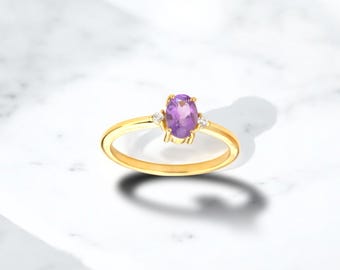 Solid Gold Amethyst Ring, Dainty Stackable Band, February Birthstone