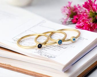 Minimalist Gold Evil Eye Ring - Solid 10K, 14K, 18K Stacking Band