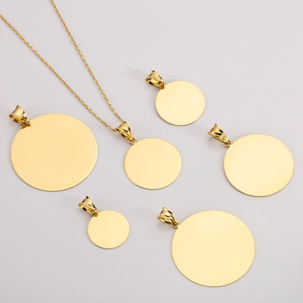 14K Solid Custom Engrave Disk Necklace - Personalized Dainty Solid Gold Charm Pendant - Real Gold 2 Side Photo Engravable Disc Pendant Gift