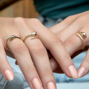 Solid Gold Snake Ring, Gemstone Eyes, Wrap Around Serpent