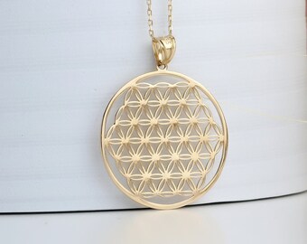 14K Solid Gold Flower of Life Necklace, Six Petals Pendant, Seed of Life Necklace Yoga Sacred Geometry Necklace